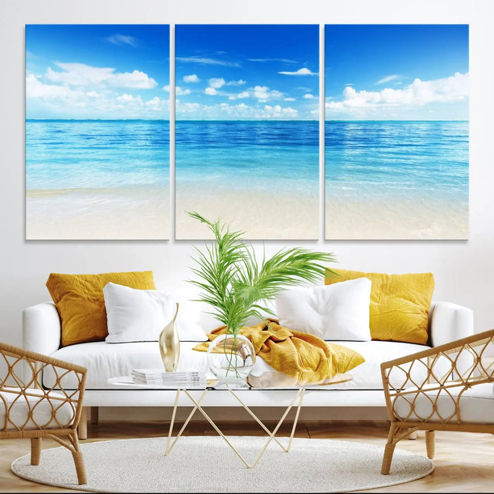 Beach Scene Canvas Wall Art Print – Tranquil Ocean Horizon and White Sand Beach Wall Decor for Home or Office