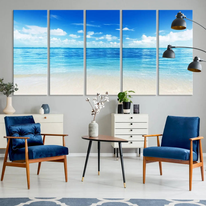 Beach Scene Canvas Wall Art Print – Tranquil Ocean Horizon and White Sand Beach Wall Decor for Home or Office