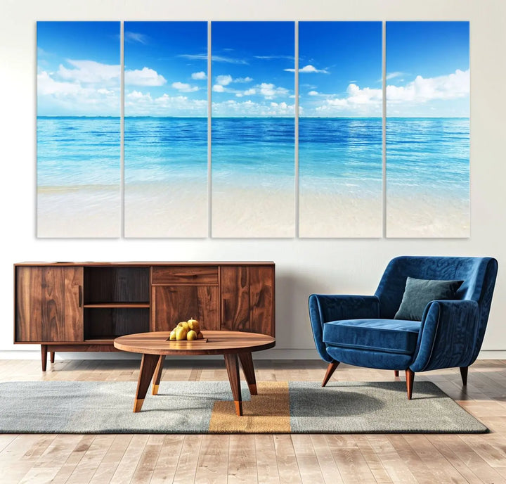 Beach Scene Canvas Wall Art Print – Tranquil Ocean Horizon and White Sand Beach Wall Decor for Home or Office