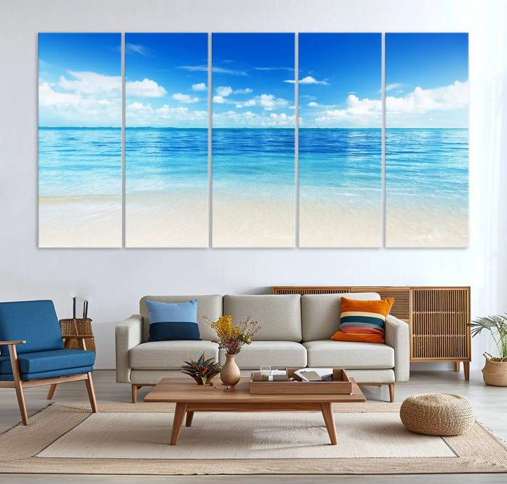 Beach Scene Canvas Wall Art Print – Tranquil Ocean Horizon and White Sand Beach Wall Decor for Home or Office