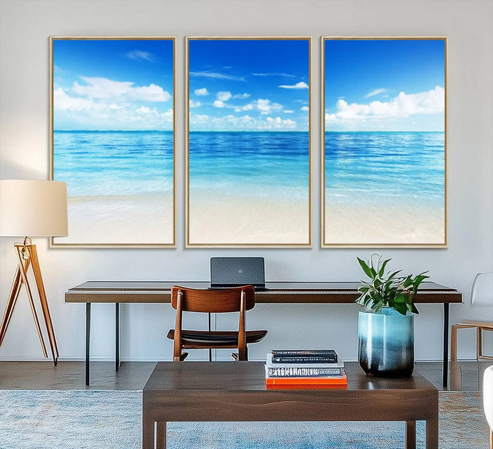 The living room features a beach scene wall art triptych.