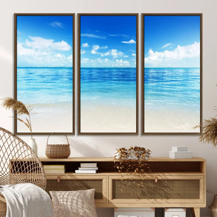 The living room features a beach scene wall art triptych.