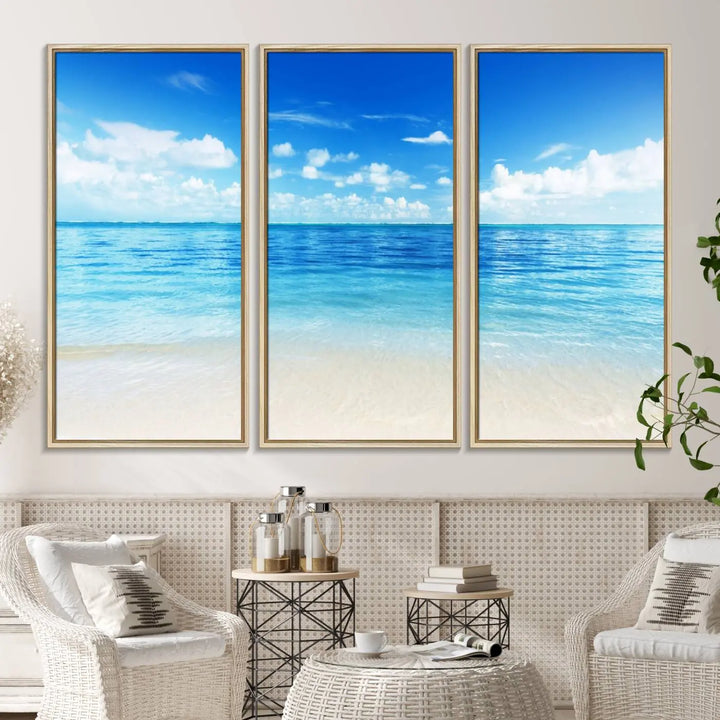 The living room features a beach scene wall art triptych.