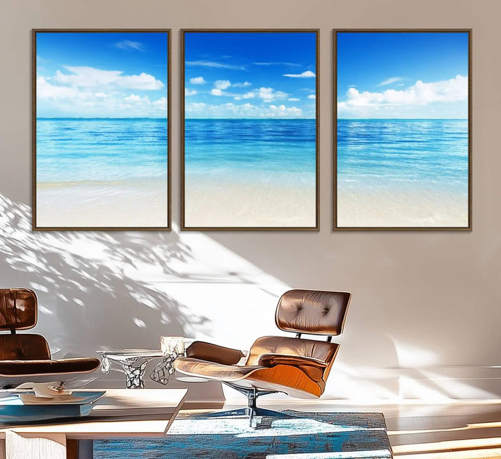 The living room features a beach scene wall art triptych.
