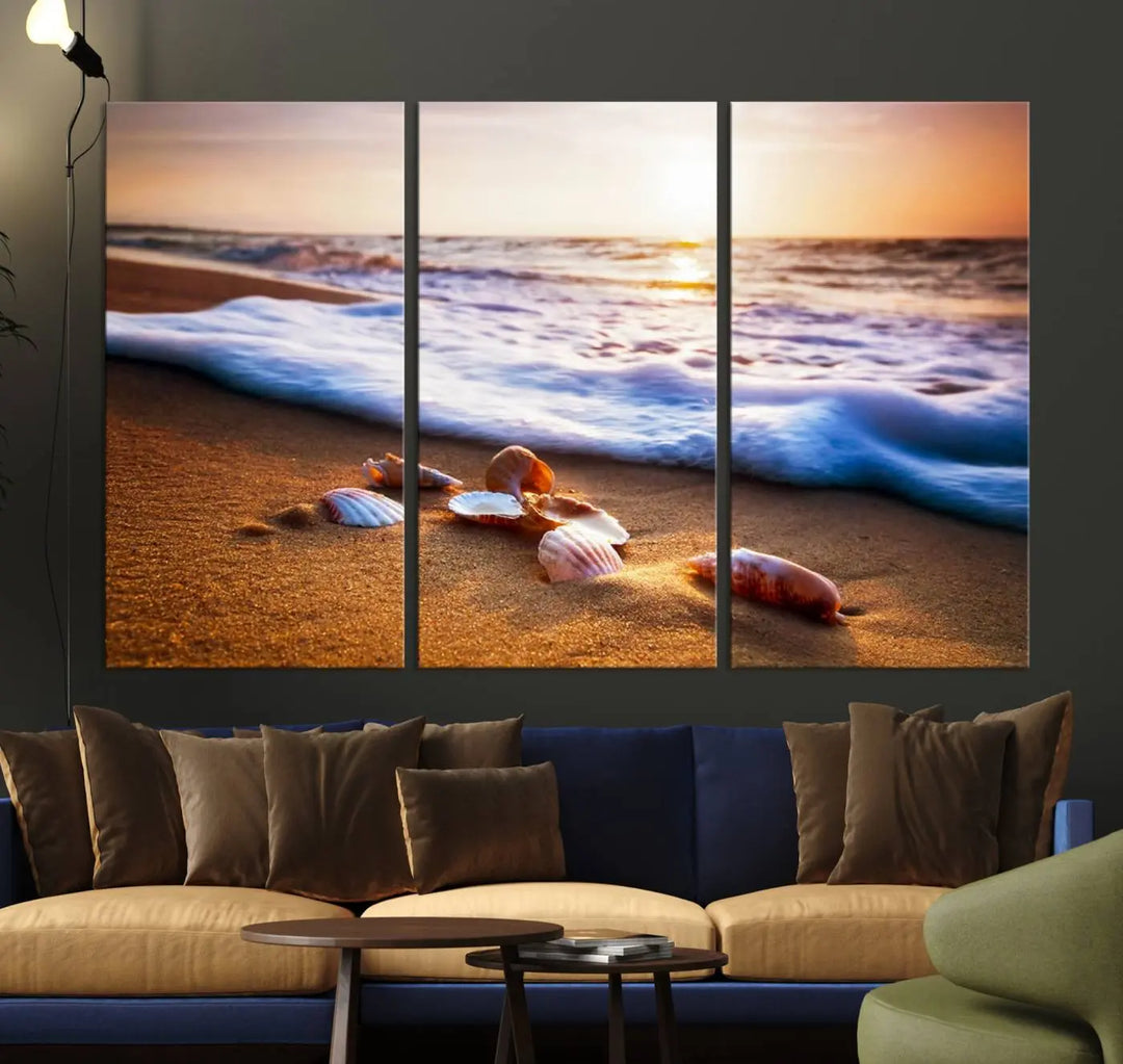 This elegant Beach Seashells and Waves Triptych Wall Art, a coastal giclee canvas print with gallery wrap, beautifully captures ocean sunset decor with seashell motifs. It is perfect for ocean lovers seeking serenity in their living space.