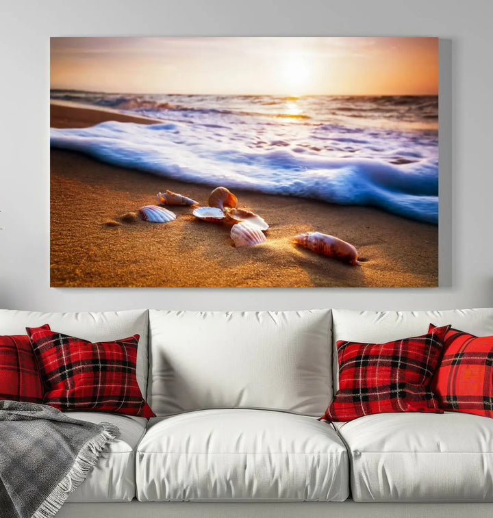 Beach Seashells and Waves Triptych Wall Art, Coastal Giclee Canvas Print with Gallery Wrap, Ocean Sunset Decor