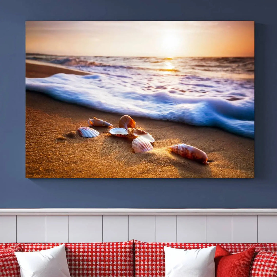 Beach Seashells and Waves Triptych Wall Art, Coastal Giclee Canvas Print with Gallery Wrap, Ocean Sunset Decor