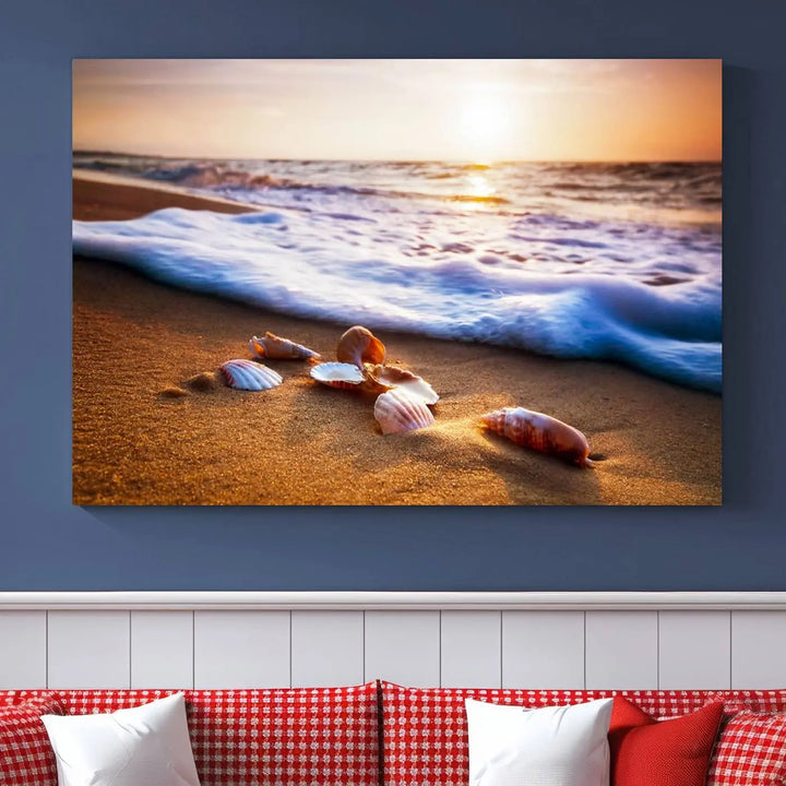 Beach Seashells and Waves Triptych Wall Art, Coastal Giclee Canvas Print with Gallery Wrap, Ocean Sunset Decor