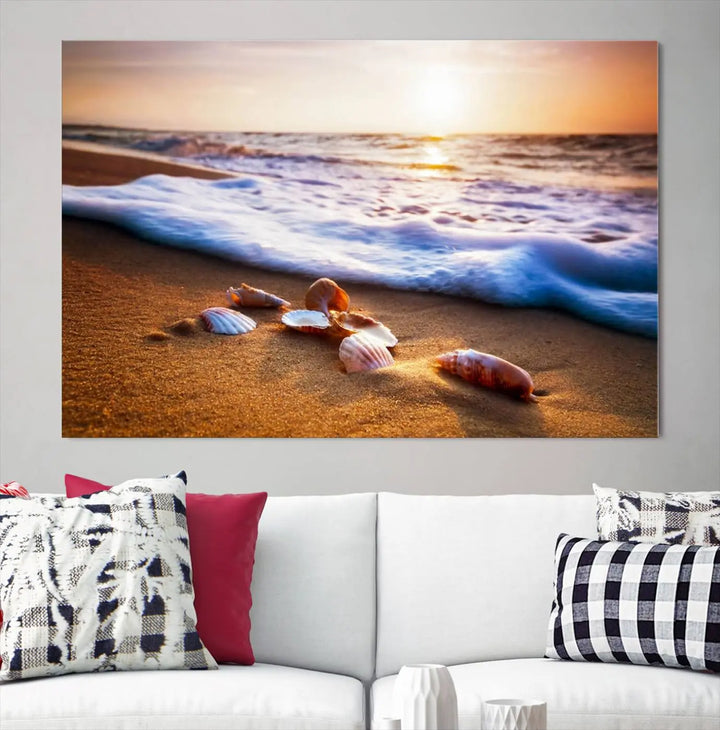 Beach Seashells and Waves Triptych Wall Art, Coastal Giclee Canvas Print with Gallery Wrap, Ocean Sunset Decor