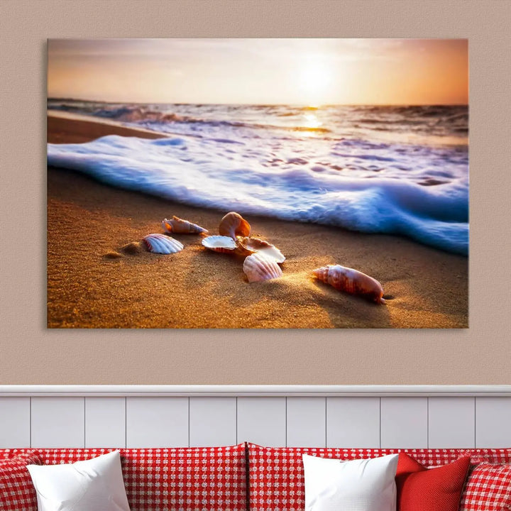 Beach Seashells and Waves Triptych Wall Art, Coastal Giclee Canvas Print with Gallery Wrap, Ocean Sunset Decor