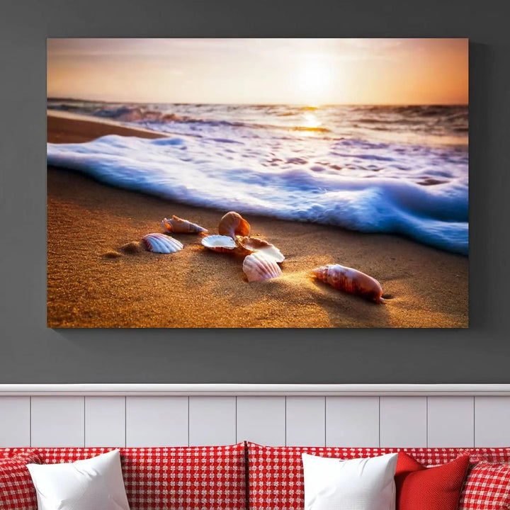 Beach Seashells and Waves Triptych Wall Art, Coastal Giclee Canvas Print with Gallery Wrap, Ocean Sunset Decor