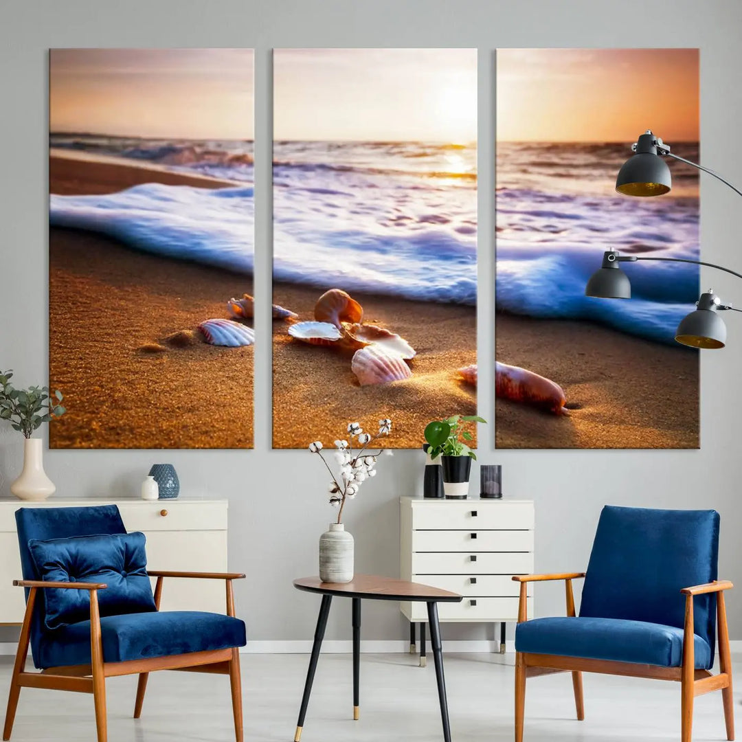 Beach Seashells and Waves Triptych Wall Art, Coastal Giclee Canvas Print with Gallery Wrap, Ocean Sunset Decor