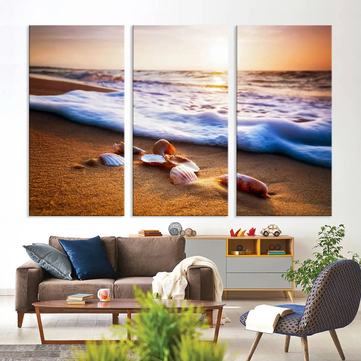 Beach Seashells and Waves Triptych Wall Art, Coastal Giclee Canvas Print with Gallery Wrap, Ocean Sunset Decor