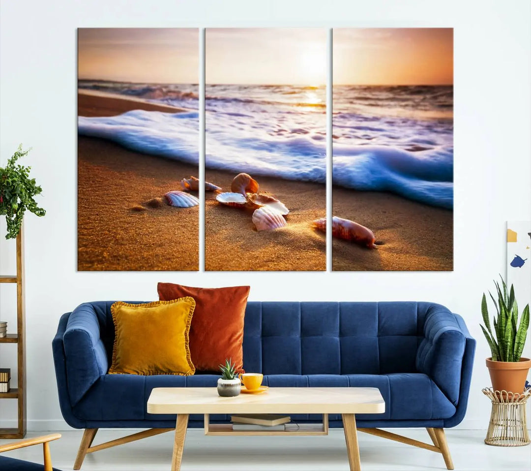 Beach Seashells and Waves Triptych Wall Art, Coastal Giclee Canvas Print with Gallery Wrap, Ocean Sunset Decor