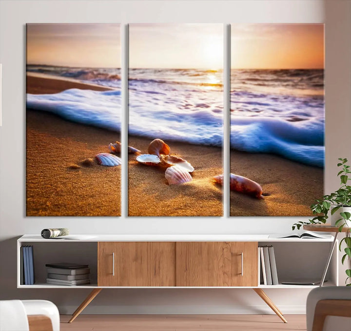 Beach Seashells and Waves Triptych Wall Art, Coastal Giclee Canvas Print with Gallery Wrap, Ocean Sunset Decor