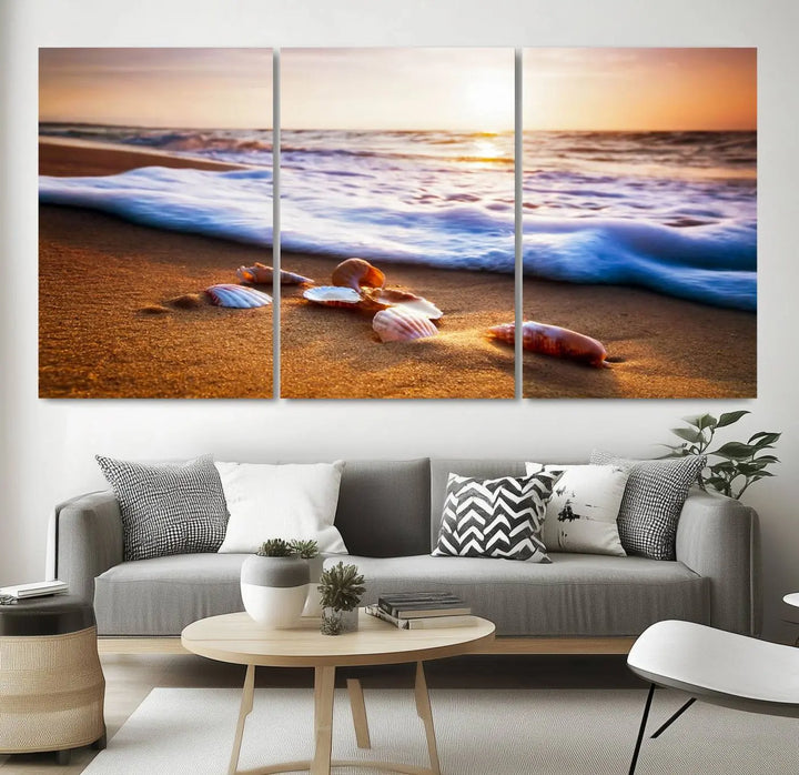 Beach Seashells and Waves Triptych Wall Art, Coastal Giclee Canvas Print with Gallery Wrap, Ocean Sunset Decor