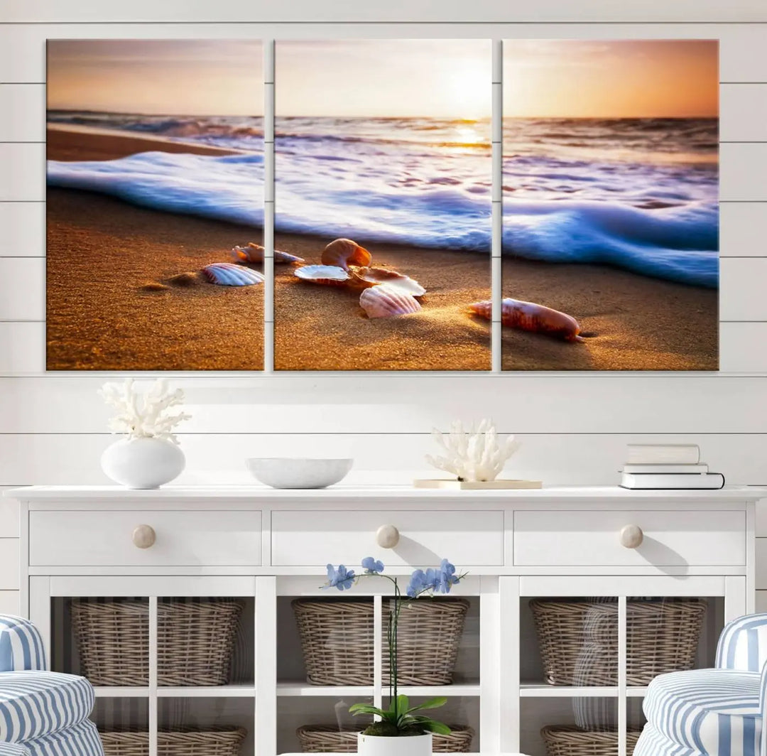 Beach Seashells and Waves Triptych Wall Art, Coastal Giclee Canvas Print with Gallery Wrap, Ocean Sunset Decor