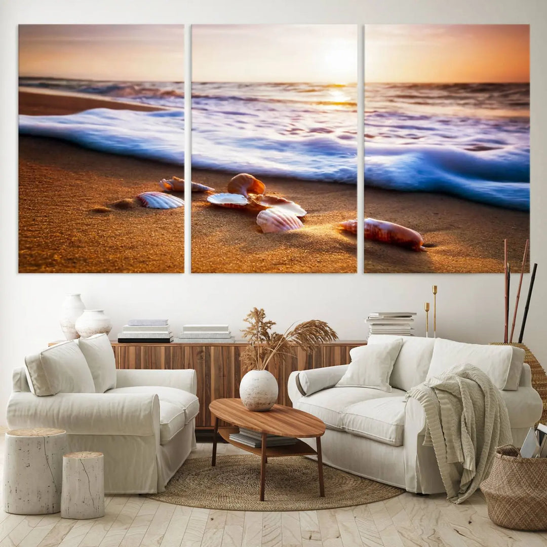 Beach Seashells and Waves Triptych Wall Art, Coastal Giclee Canvas Print with Gallery Wrap, Ocean Sunset Decor