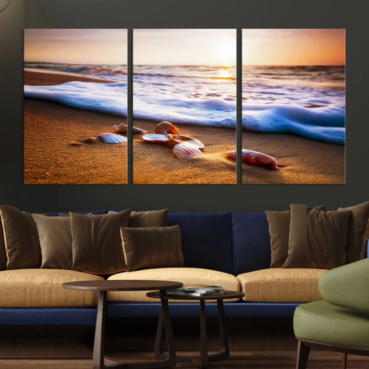 Beach Seashells and Waves Triptych Wall Art, Coastal Giclee Canvas Print with Gallery Wrap, Ocean Sunset Decor