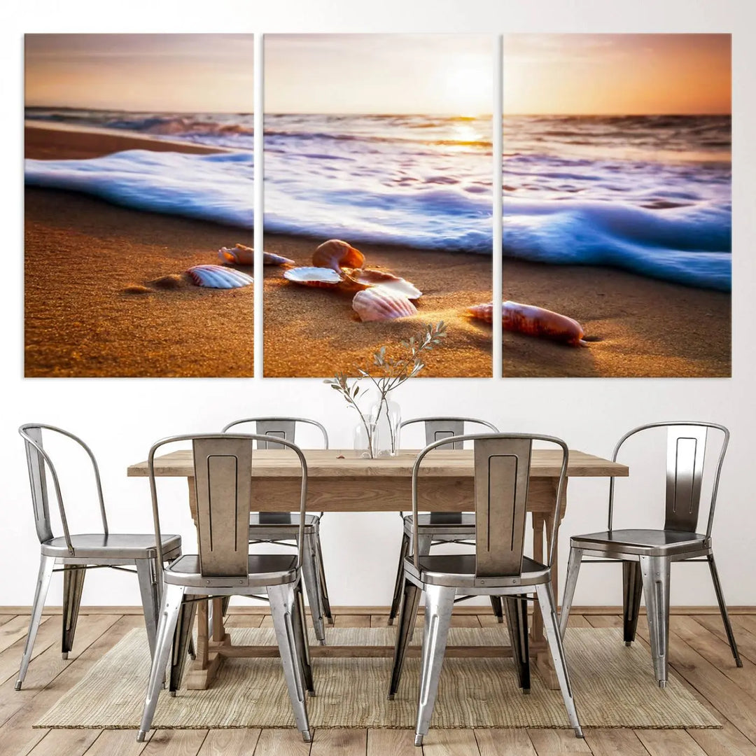 Beach Seashells and Waves Triptych Wall Art, Coastal Giclee Canvas Print with Gallery Wrap, Ocean Sunset Decor