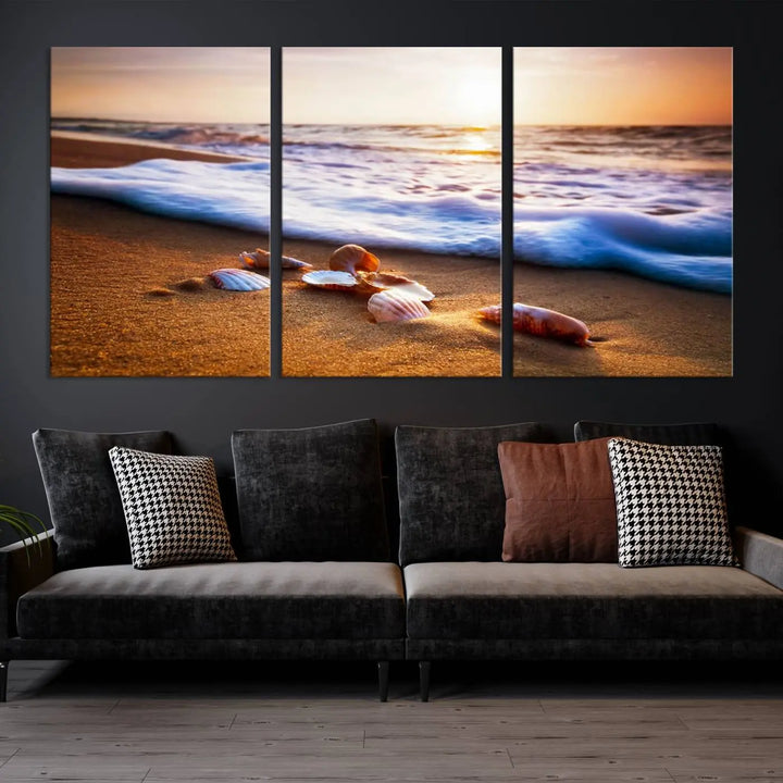 Beach Seashells and Waves Triptych Wall Art, Coastal Giclee Canvas Print with Gallery Wrap, Ocean Sunset Decor