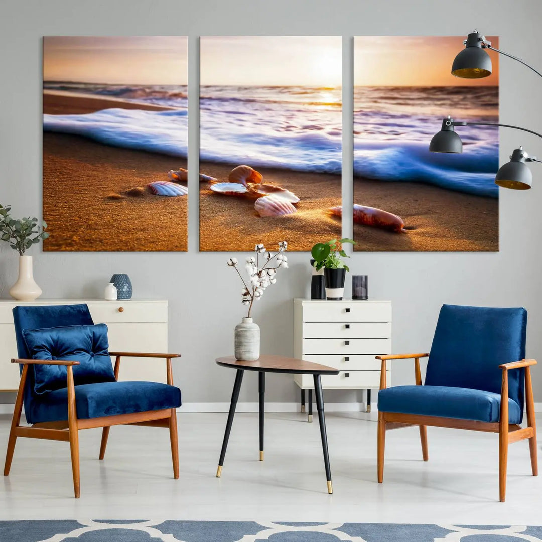 Beach Seashells and Waves Triptych Wall Art, Coastal Giclee Canvas Print with Gallery Wrap, Ocean Sunset Decor