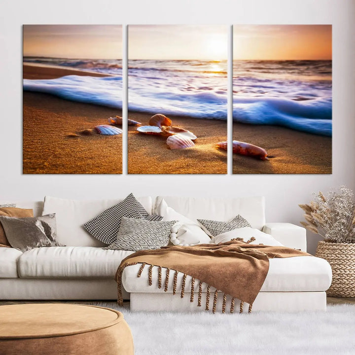 Beach Seashells and Waves Triptych Wall Art, Coastal Giclee Canvas Print with Gallery Wrap, Ocean Sunset Decor