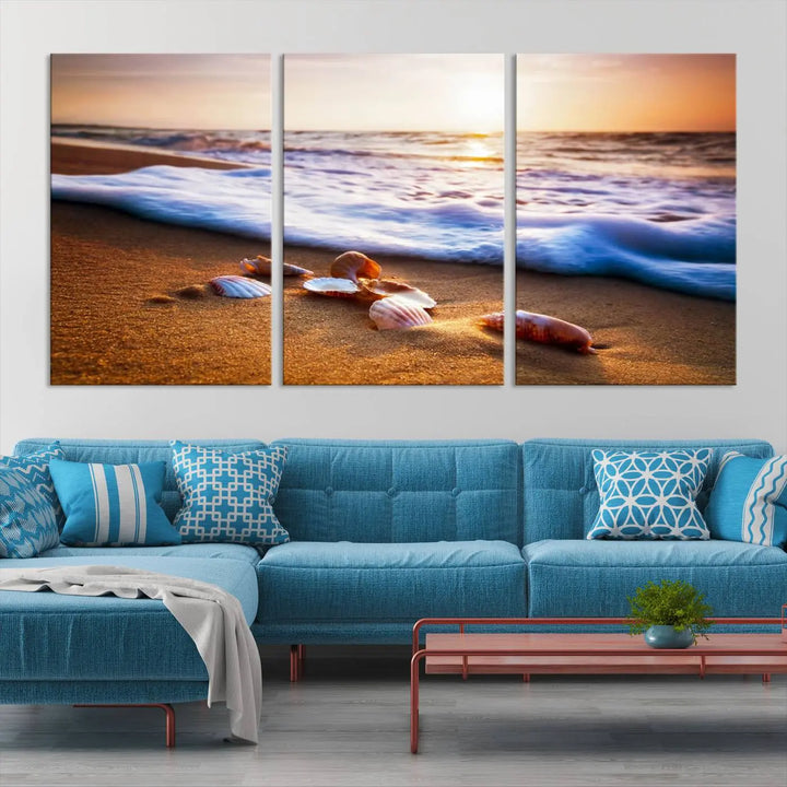 Beach Seashells and Waves Triptych Wall Art, Coastal Giclee Canvas Print with Gallery Wrap, Ocean Sunset Decor