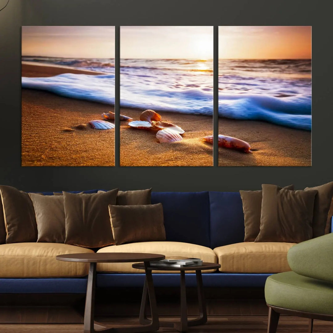 This elegant Beach Seashells and Waves Triptych Wall Art, a coastal giclee canvas print with gallery wrap, beautifully captures ocean sunset decor with seashell motifs. It is perfect for ocean lovers seeking serenity in their living space.