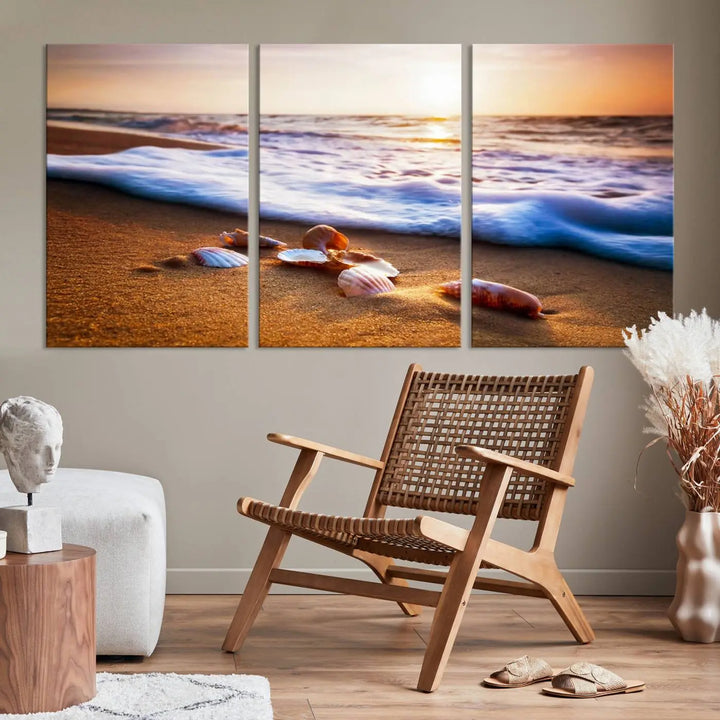 This elegant Beach Seashells and Waves Triptych Wall Art, a coastal giclee canvas print with gallery wrap, beautifully captures ocean sunset decor with seashell motifs. It is perfect for ocean lovers seeking serenity in their living space.