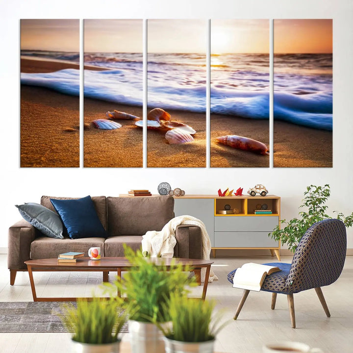 This elegant Beach Seashells and Waves Triptych Wall Art, a coastal giclee canvas print with gallery wrap, beautifully captures ocean sunset decor with seashell motifs. It is perfect for ocean lovers seeking serenity in their living space.