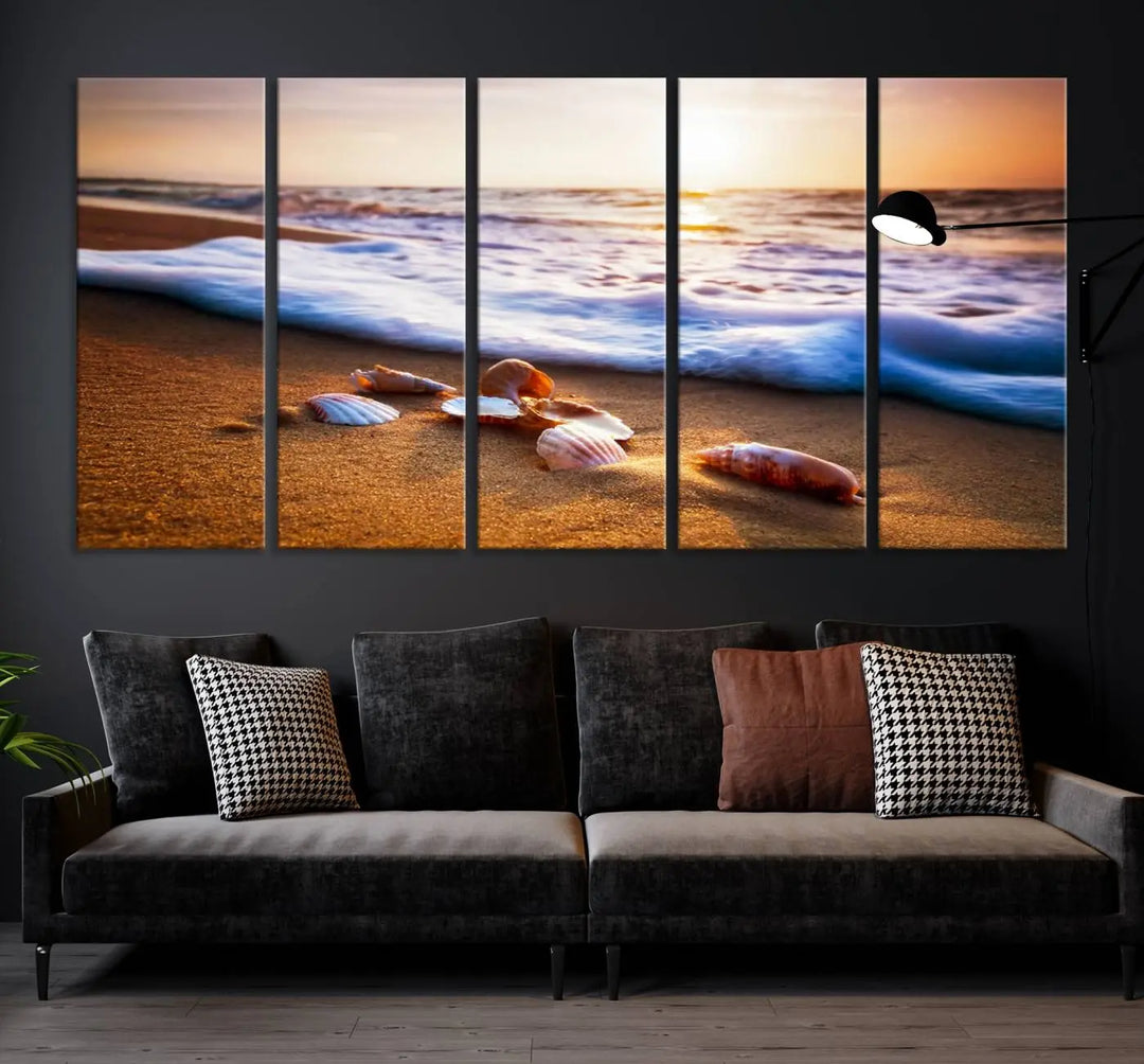 This elegant Beach Seashells and Waves Triptych Wall Art, a coastal giclee canvas print with gallery wrap, beautifully captures ocean sunset decor with seashell motifs. It is perfect for ocean lovers seeking serenity in their living space.