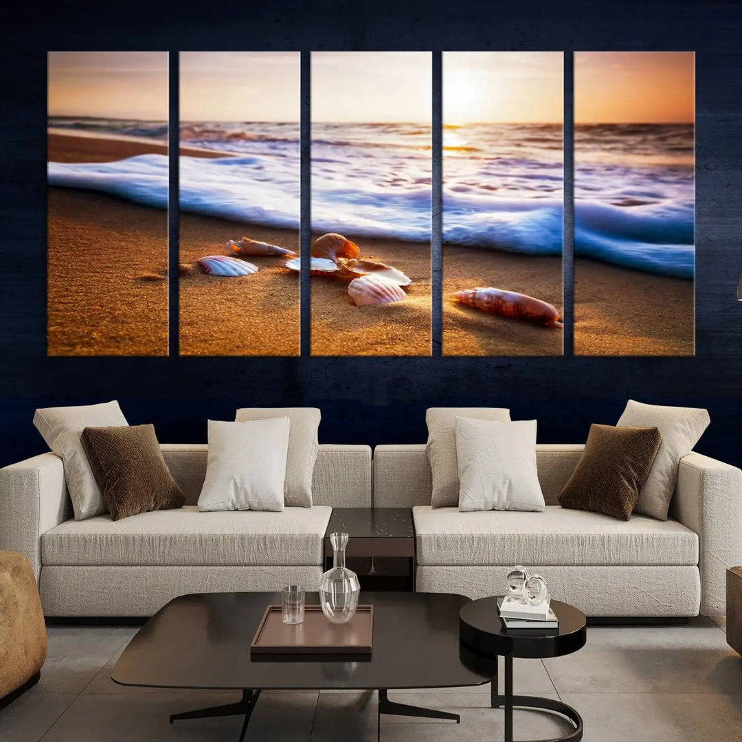 Beach Seashells and Waves Triptych Wall Art, Coastal Giclee Canvas Print with Gallery Wrap, Ocean Sunset Decor