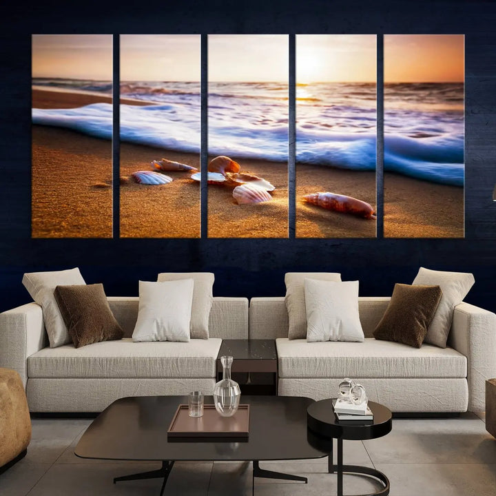 Beach Seashells and Waves Triptych Wall Art, Coastal Giclee Canvas Print with Gallery Wrap, Ocean Sunset Decor