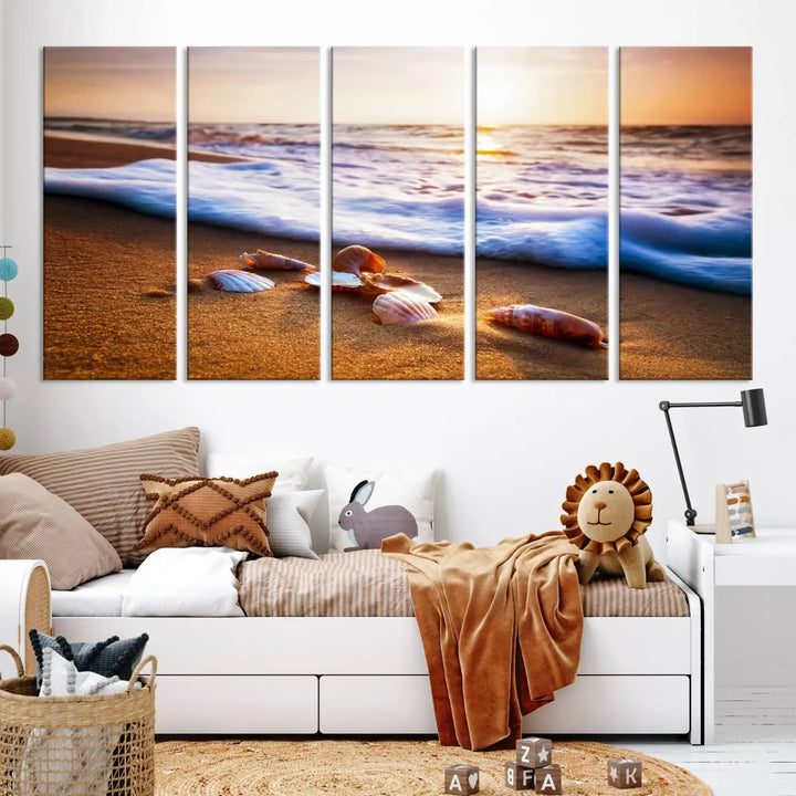 Beach Seashells and Waves Triptych Wall Art, Coastal Giclee Canvas Print with Gallery Wrap, Ocean Sunset Decor