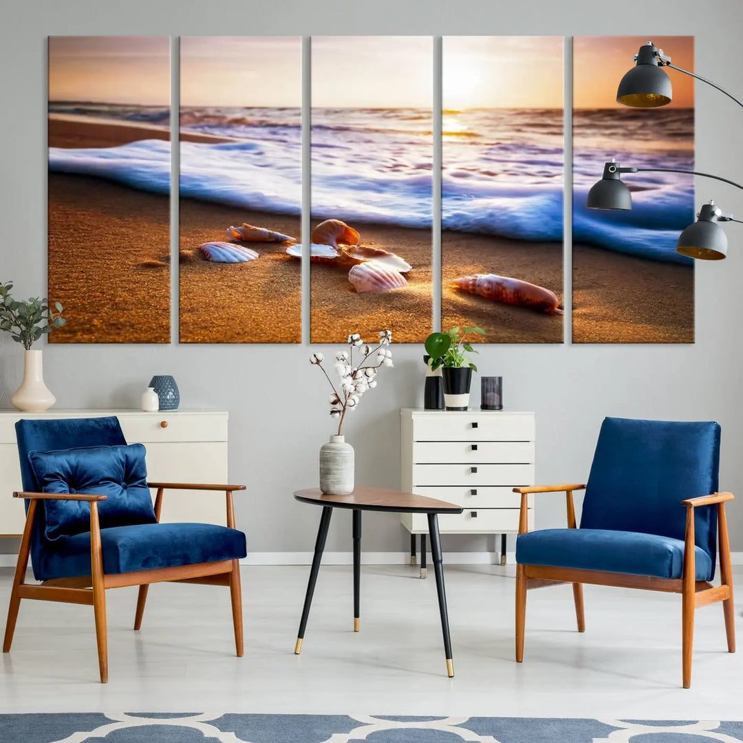 Beach Seashells and Waves Triptych Wall Art, Coastal Giclee Canvas Print with Gallery Wrap, Ocean Sunset Decor