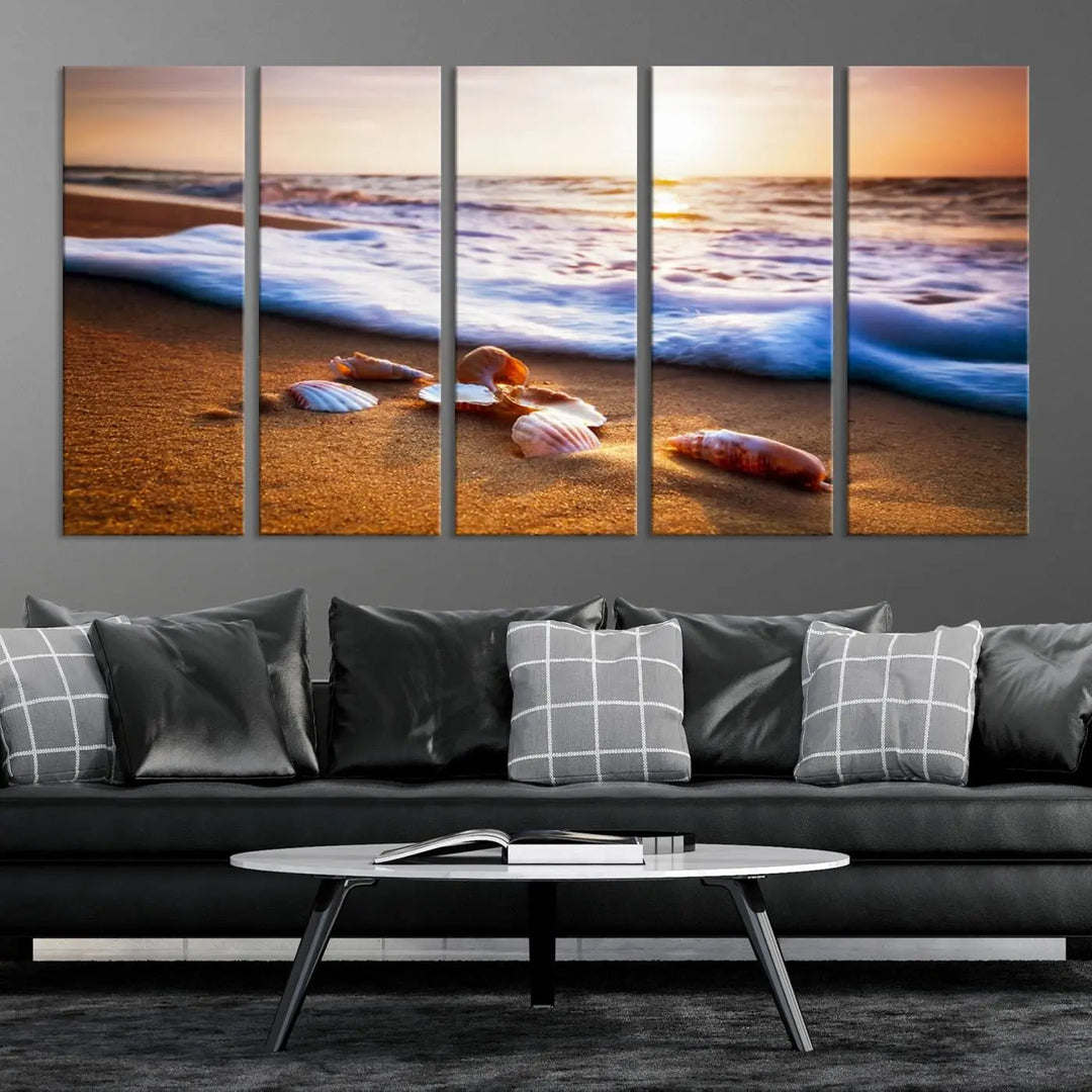 Beach Seashells and Waves Triptych Wall Art, Coastal Giclee Canvas Print with Gallery Wrap, Ocean Sunset Decor