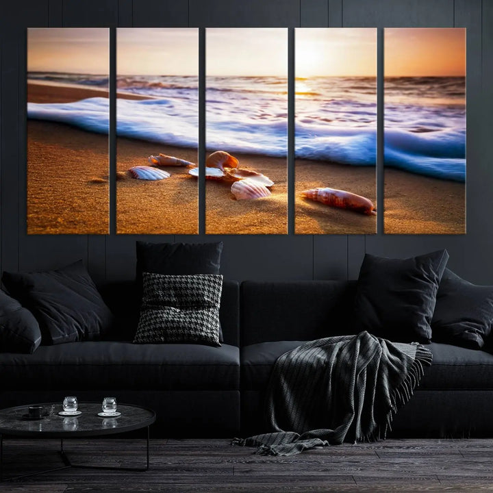 Beach Seashells and Waves Triptych Wall Art, Coastal Giclee Canvas Print with Gallery Wrap, Ocean Sunset Decor