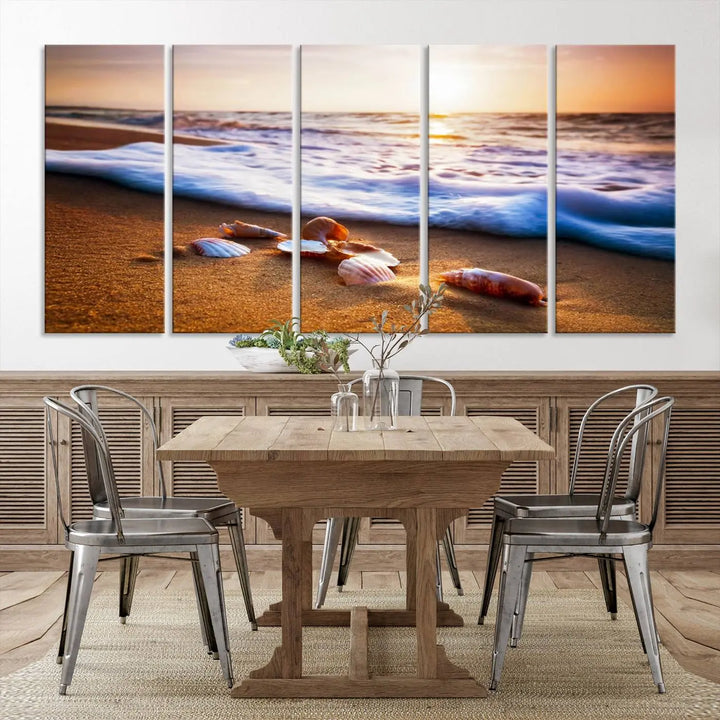 Beach Seashells and Waves Triptych Wall Art, Coastal Giclee Canvas Print with Gallery Wrap, Ocean Sunset Decor