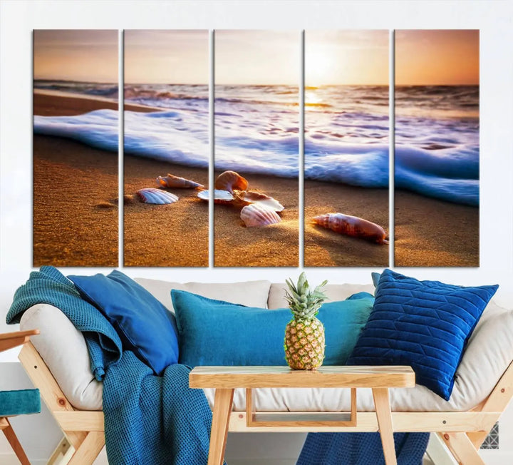 Beach Seashells and Waves Triptych Wall Art, Coastal Giclee Canvas Print with Gallery Wrap, Ocean Sunset Decor