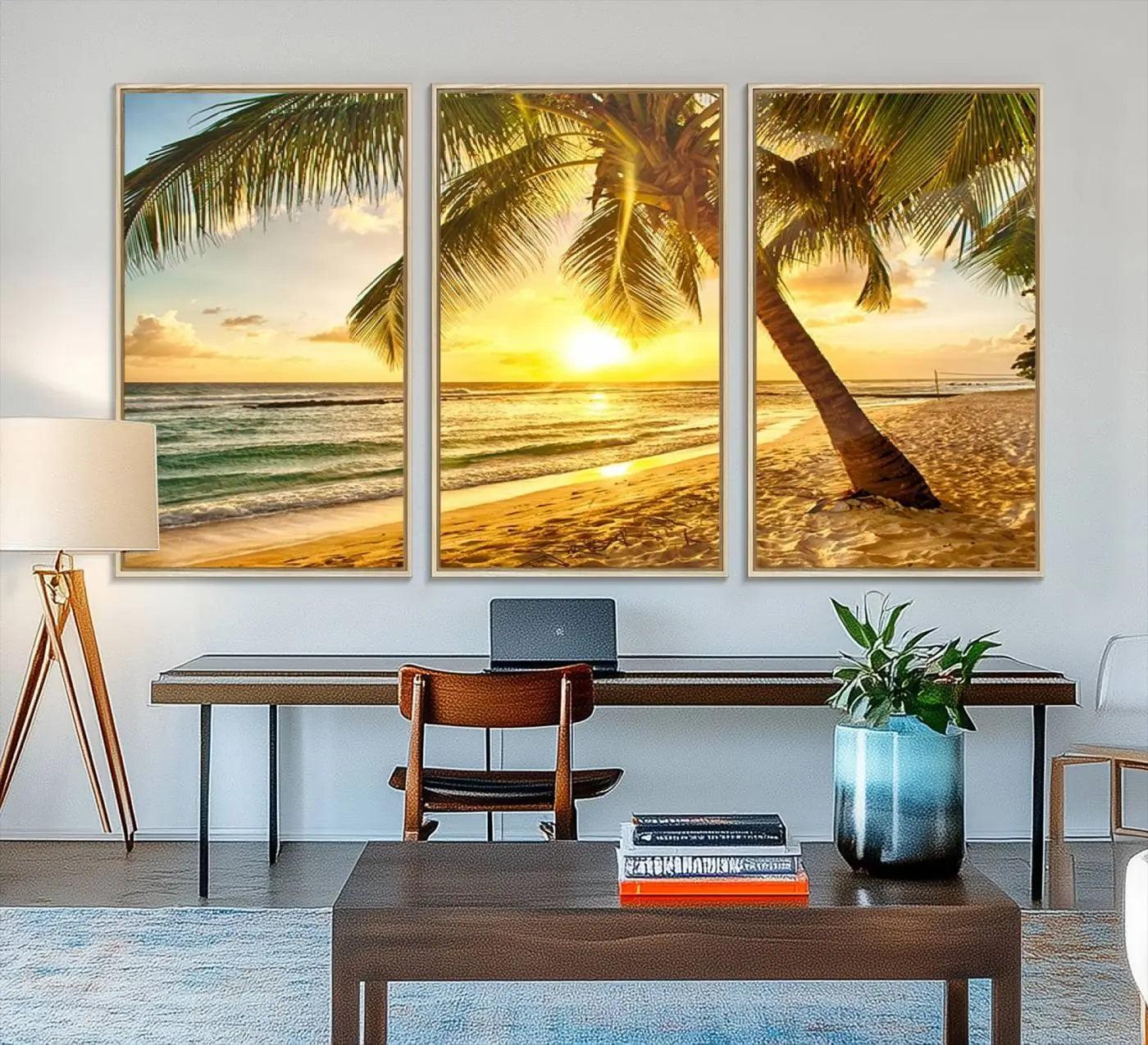 33628-MGV-FC-48X32-3P_Natural-Beach Sunset Canvas Wall Art Print - Tropical Beach Canvas Wall Art Print – Vibrant Palm Trees and Coastal Wall Decor for Home or Office