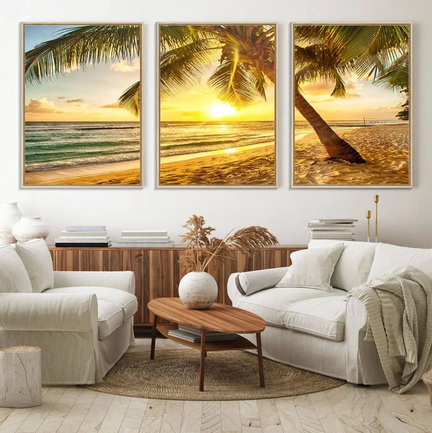 33628-MGV-FC-60X30-3P_Natural-Beach Sunset Canvas Wall Art Print - Tropical Beach Canvas Wall Art Print – Vibrant Palm Trees and Coastal Wall Decor for Home or Office
