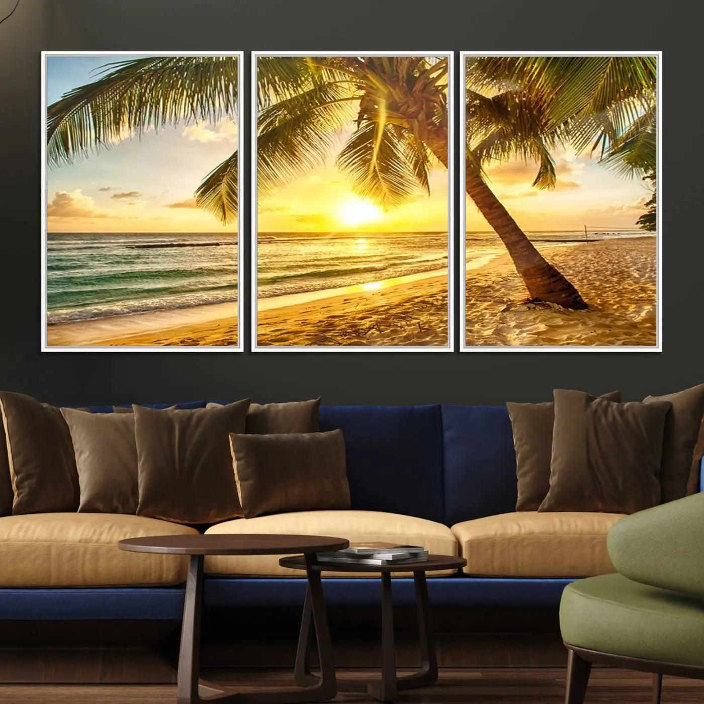 33628-MGV-FC-60X30-3P_White-Beach Sunset Canvas Wall Art Print - Tropical Beach Canvas Wall Art Print – Vibrant Palm Trees and Coastal Wall Decor for Home or Office