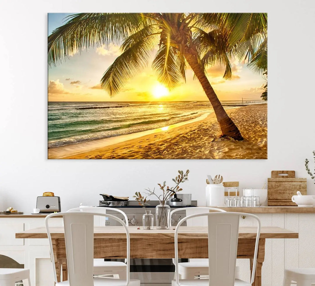 Beach Sunset Canvas Wall Art with a palm tree embellishes a living room with modern decor.