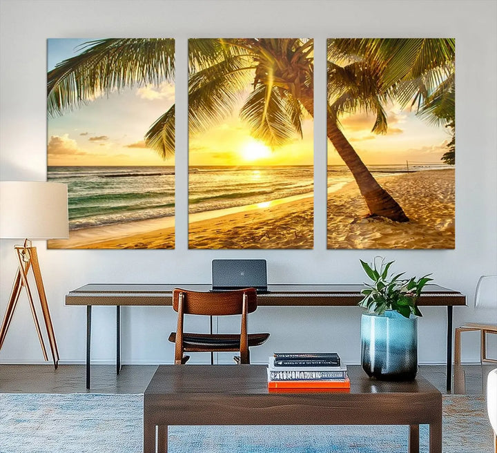 Beach Sunset Canvas Wall Art with a palm tree embellishes a living room with modern decor.