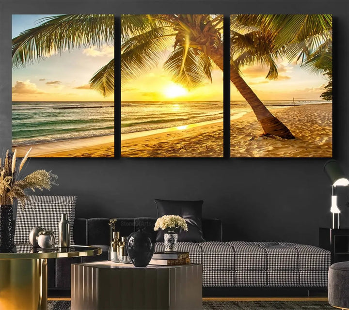 Beach Sunset Canvas Wall Art with a palm tree embellishes a living room with modern decor.