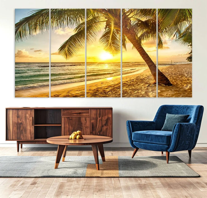 Beach Sunset Canvas Wall Art with a palm tree embellishes a living room with modern decor.