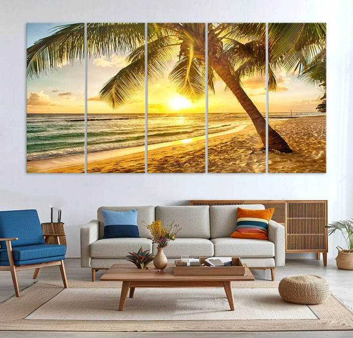 Beach Sunset Canvas Wall Art with a palm tree embellishes a living room with modern decor.