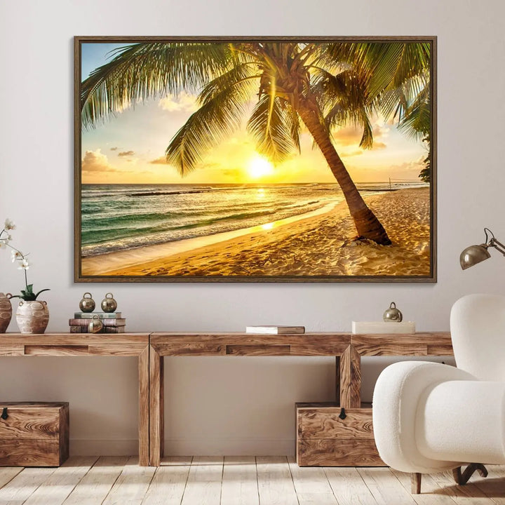 Beach Sunset Canvas Wall Art with a palm tree embellishes a living room with modern decor.