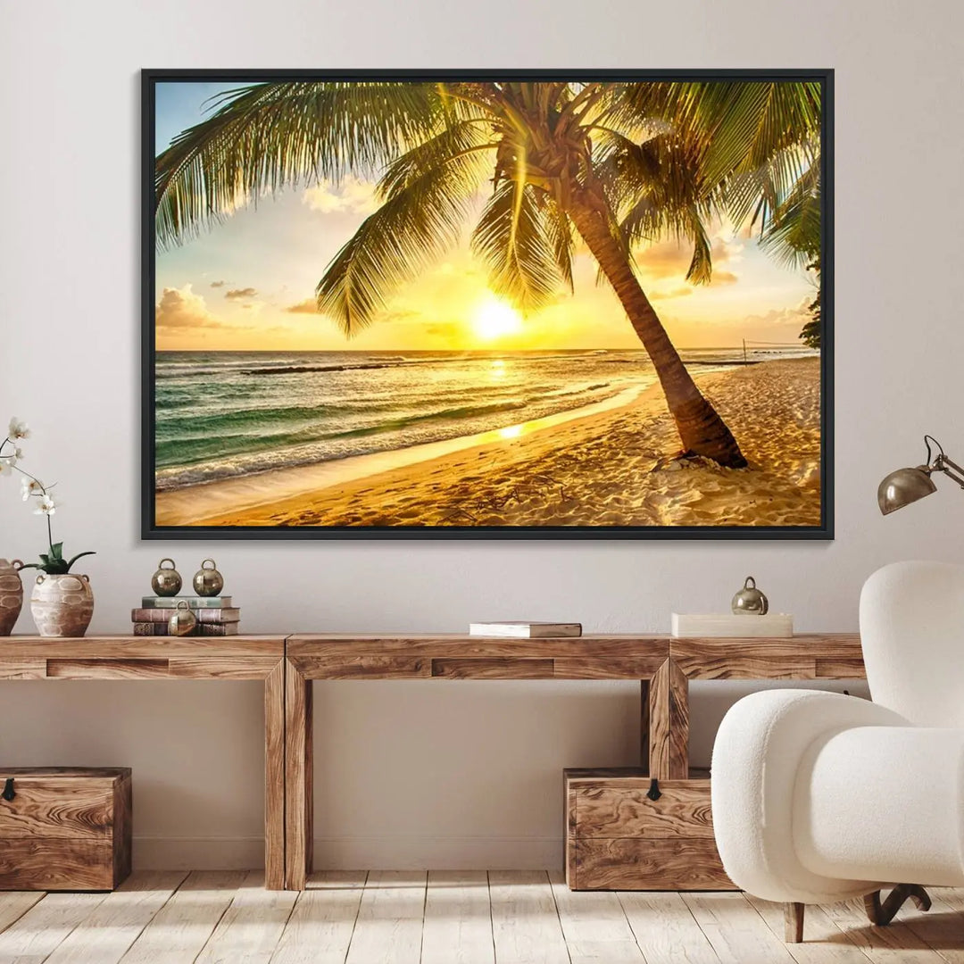 Beach Sunset Canvas Wall Art with a palm tree embellishes a living room with modern decor.